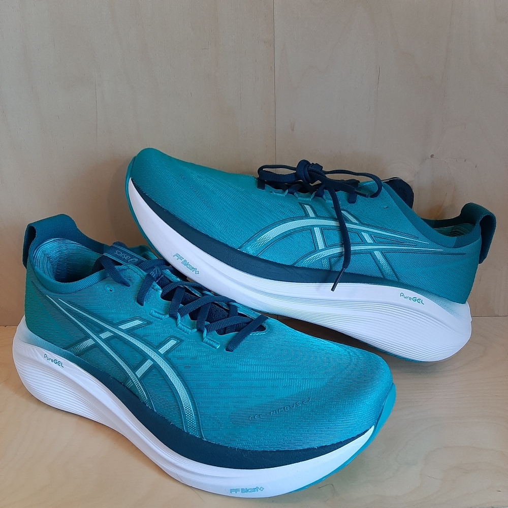 Sold Elsewhere: Asics Gel-Nimbus 27: Mens Teal Running Shoes with White Accents
